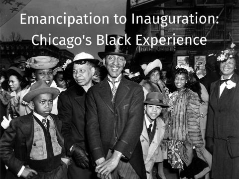 Black and White photo of a group of African Americans dressed in 1930's style set before a backdrop of a neighborhood grill and apartments