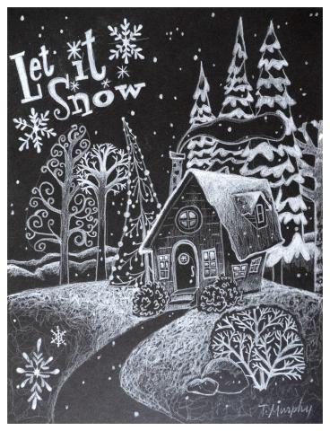 A black background with a white winter scene featuring pines and a cabin and the words Let it Snow in the top left corner