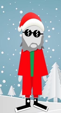 A winter backdrop with a long haired Santa with John Lennon style circular glasses and floppy cap