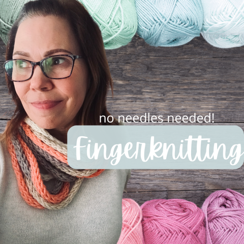 A woman glances sideways with a slight smile, wearing a multi-colored infinity scarf.  Skeins of yarn frame the top and bottom. 