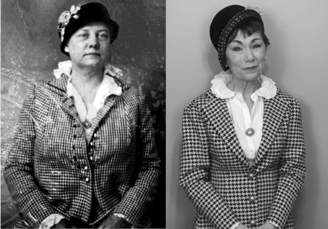 Black and White photos, side by side of the real Nellie Bly and Debra An Miller dressed as Nellie Bly.  Both women are wearing tweed blazers over white ruffle colored shirts.  Both wear period hates pinned to their heads over their brown hair.  