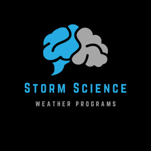 Storm Science Logo - human brain in blue and gray, set on an all black background.  Beneath the brain it says Storm Science in blue and then Weather programs in gray