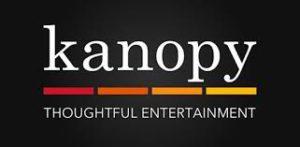 kanopy logo over red, orange, and yellow horizontal lines with the phrase" thoughtful entertainment" underneath