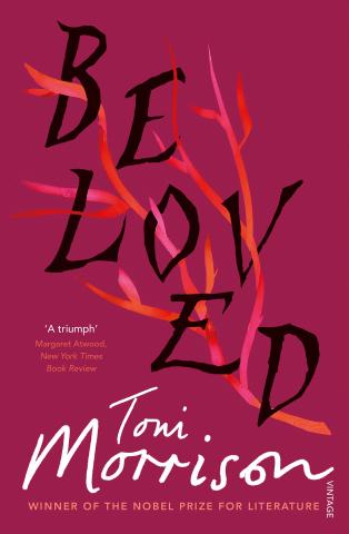Black letters of the word beloved mixed in with orange-pink branches of a plant on a magenta cover.