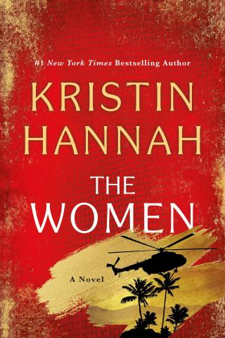 Silhouettes of an army helicopter and palm trees on a red and gold cover