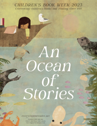 Girl in boat with a book looking at sea creatures. Text says: An Ocean of Stories