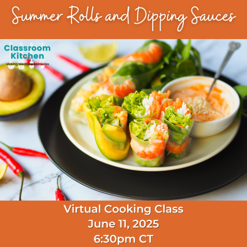 Summer spring rolls filled with green, orange and white veggies sit on a plate with orange dipping sauce
