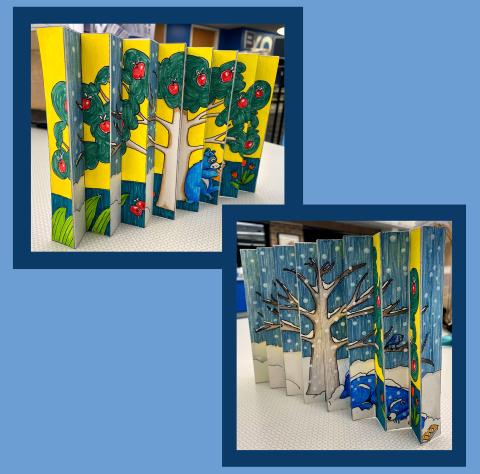 image shows two examples of agamograph tree art, an accordian style art piece that has different view depending on how you look at it