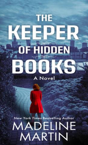 woman wearing red walking down a path with a city in the background, rest of cover in tones of blue