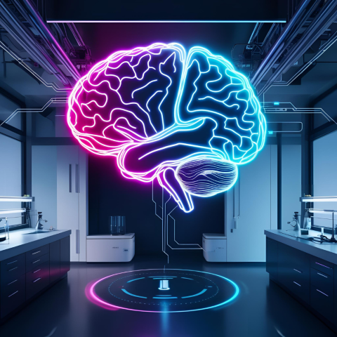 A digitized neon human brain against the backdrop of a technical office space