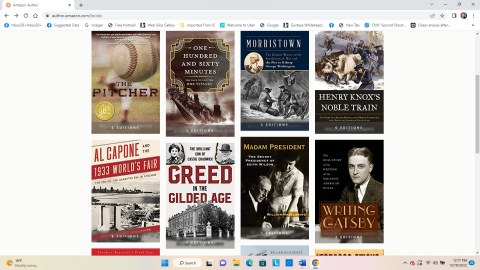 a computer screen showing the many published works of the author, who is also the presenter