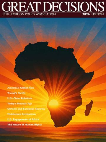 Continent of Africa is centered with a silhouette of a sunset around it