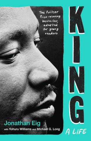 Front cover of book, teal in color, with the word KING spelled vertically along the right side.  The side profile of Dr. Martin Luther King, JR is on the left.  He looks downwards, with lids half closed
