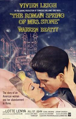 movie poster for The Roman Spring of Mrs. Stone shows Warren Beatty kissing Vivien Leigh as she lies back on a pillow