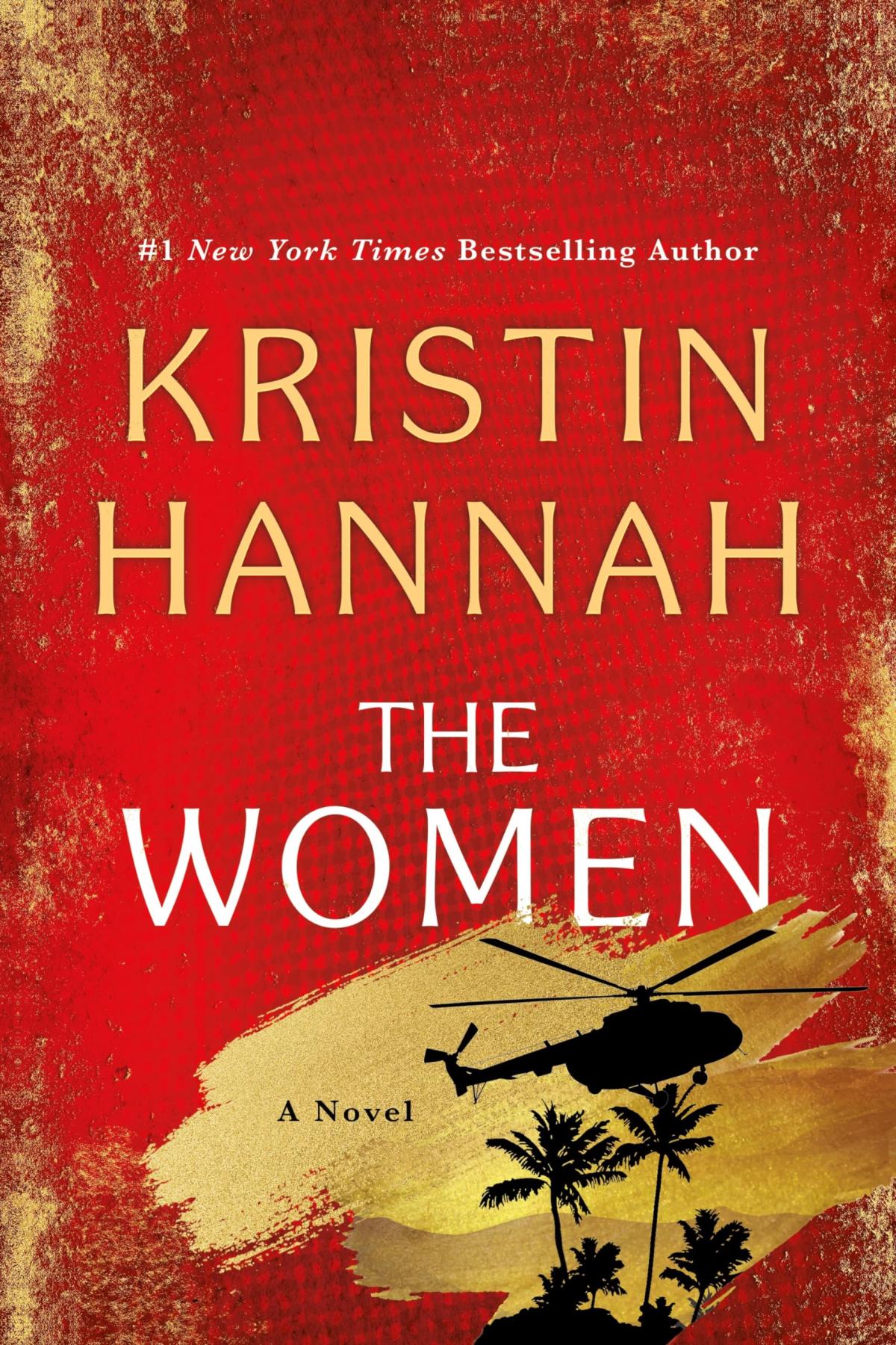 Silhouettes of an army helicopter and palm trees on a red and gold cover