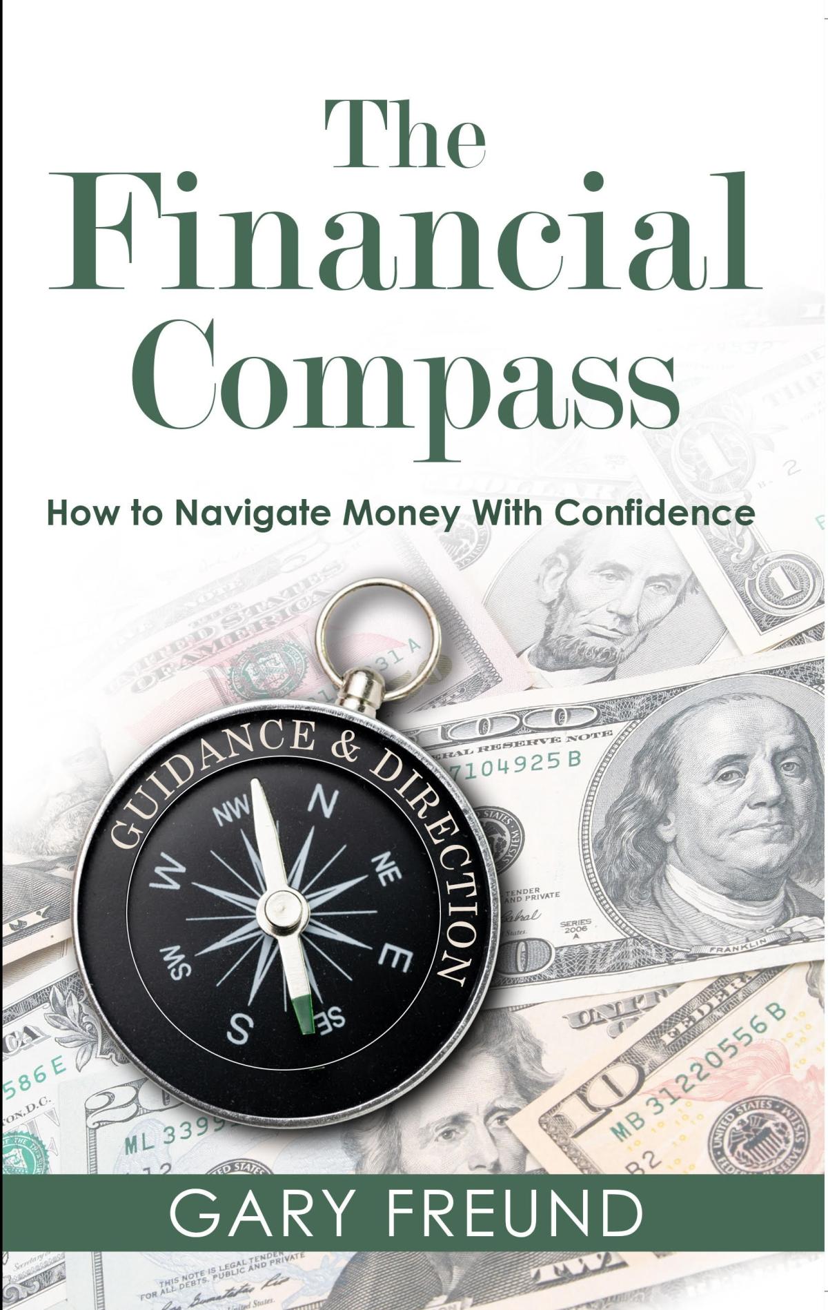 Front cover of book, with compass, and background images of US Currency